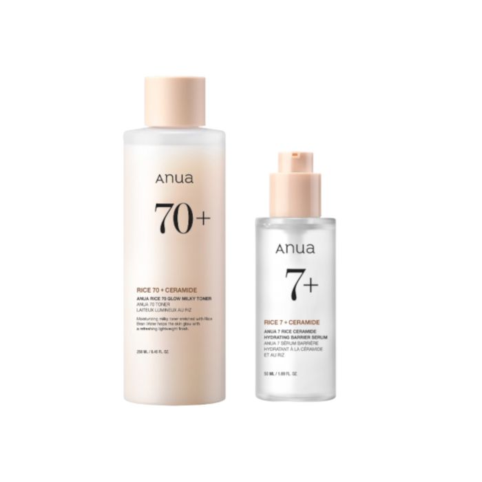 ANUA Rice 70 Glow Milky Toner - 250ml (1ea) + 7 Rice Ceramide Hydrating Barrier Serum - 50ml (1ea) Set