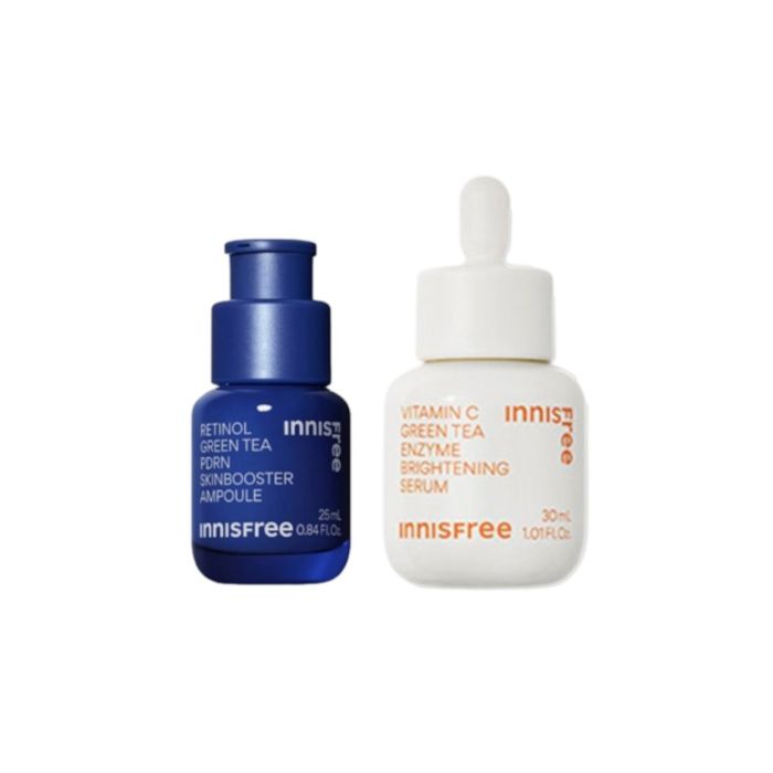 innisfree Vitamin C Green Tea Enzyme Brightening Serum - 30ml (1ea) X Retinol Green Tea PDRN Skin Booster Ampoule - 25ml (1ea)