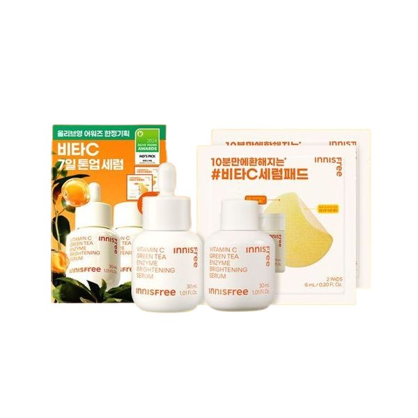 innisfree Vitamin C Green Tea Enzyme Brightening Serum 30ml (2pcs) + Vitamin C Pad 2 Pads (2pcs) - (4 items)