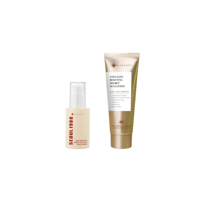 KSECRET Collagen Boosting Secret Sun Lotion SPF50+ PA++++ - 60ml + SEOUL 1988 Serum : Retinal Liposome 2% + Black Ginseng - 30ml Set