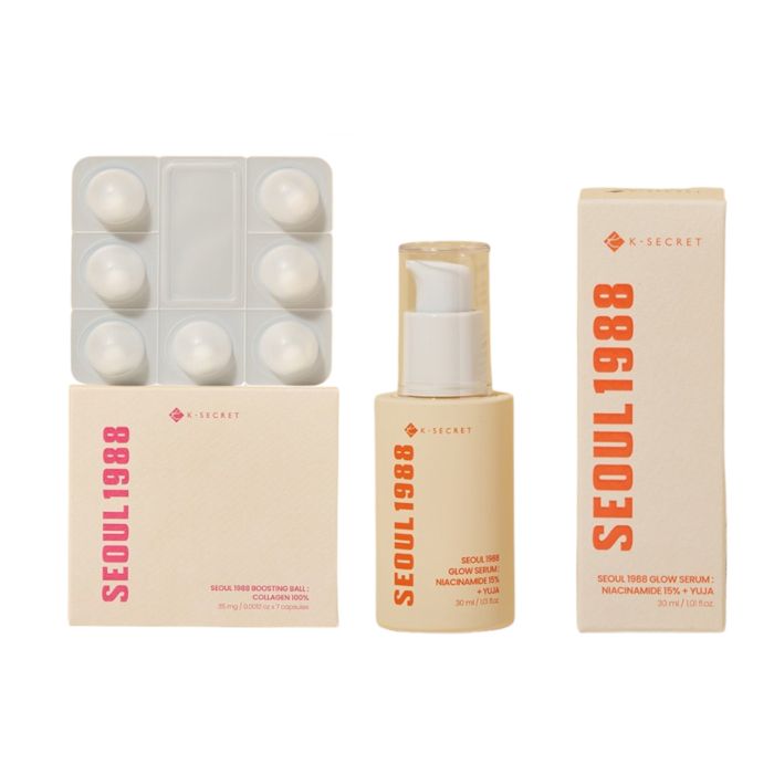KSECRET SEOUL 1988 Boosting Ball : Collagen 100% - 35mg x 7 (1ea) X Glow Serum : Niacinamide 15% + Yuja - 30ml (1ea) Set