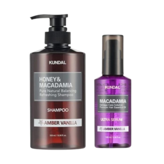 KUNDAL Honey & Macadamia Nature Shampoo - 500ml + Hair Serum - 100ml Set - Amber Vanilla