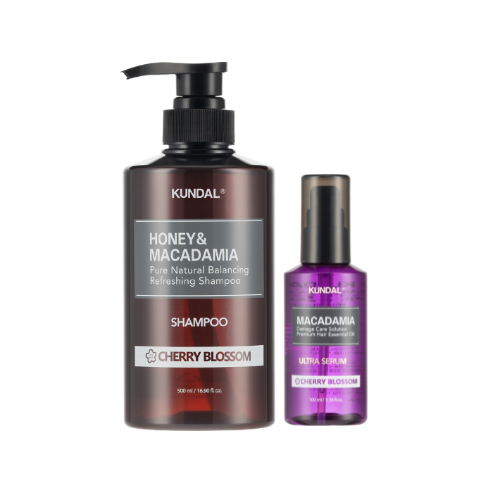 KUNDAL Honey & Macadamia Nature Shampoo - 500ml + Hair Serum - 100ml Set - Cherry Blossom