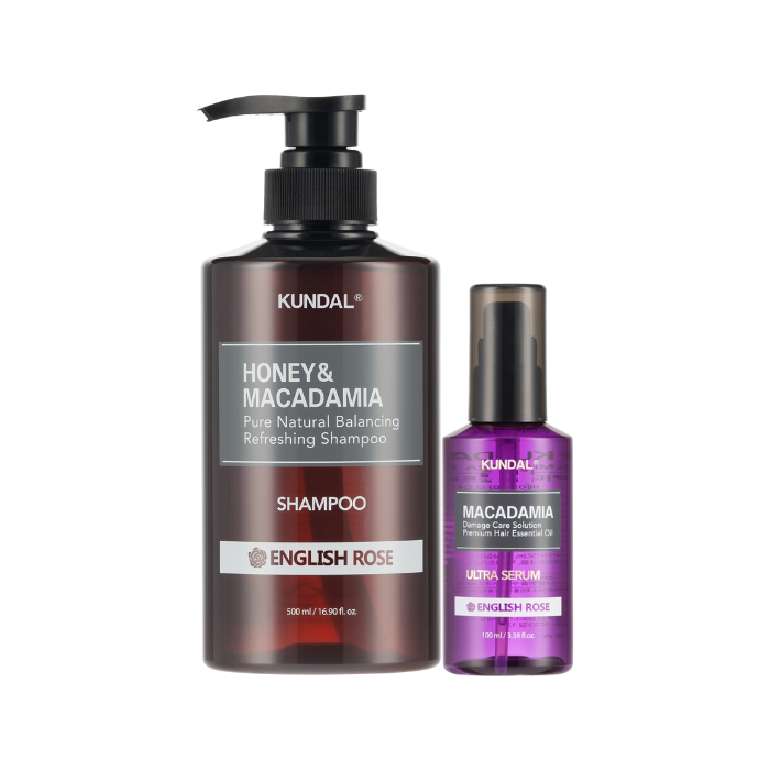 KUNDAL Honey & Macadamia Nature Shampoo - 500ml + Hair Serum - 100ml Set - English Rose