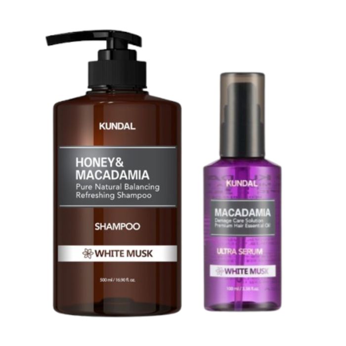 KUNDAL Honey & Macadamia Nature Shampoo - 500ml + Hair Serum - 100ml Set - White Musk