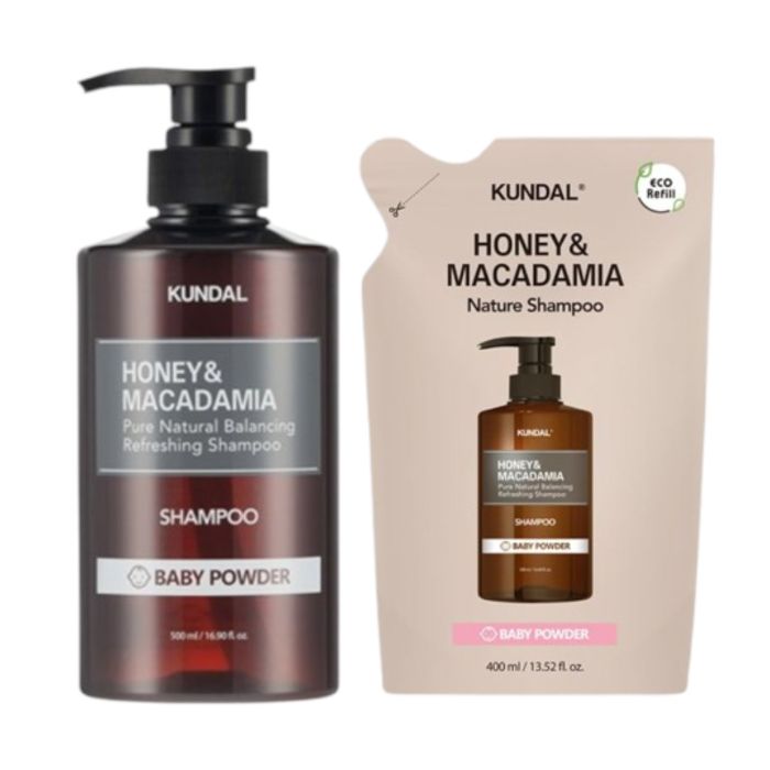 KUNDAL Honey & Macadamia Nature Shampoo - 500ml + Refill Pack 400lml Set - Baby Powder