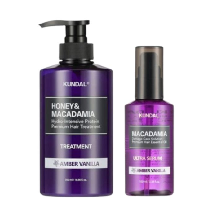 KUNDAL Honey & Macadamia Protein Hair Treatment - 500ml + Hair Serum - 100ml Set - Amber Vanilla