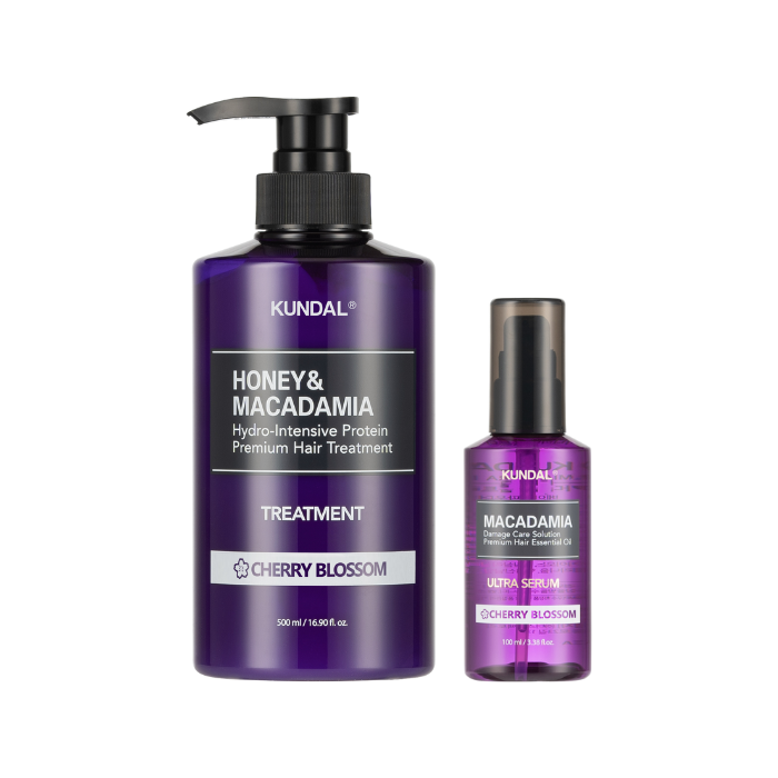 KUNDAL Honey & Macadamia Protein Hair Treatment - 500ml + Hair Serum - 100ml Set - Cherry Blossom