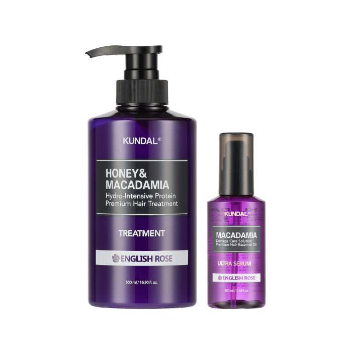 KUNDAL Honey & Macadamia Protein Hair Treatment - 500ml + Hair Serum - 100ml Set - English Rose