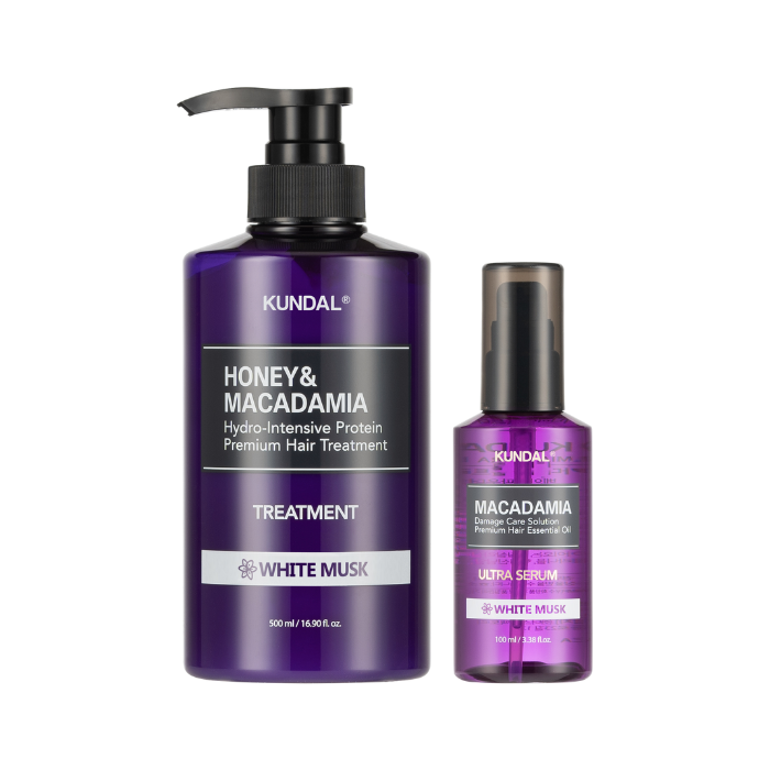 KUNDAL Honey & Macadamia Protein Hair Treatment - 500ml + Hair Serum - 100ml Set - White Musk
