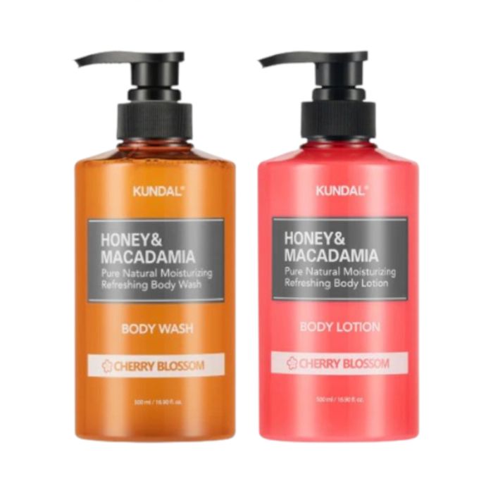 KUNDAL Honey & Macadamia Pure Body Wash + Lotion - 500ml Set - Cherry Blossom