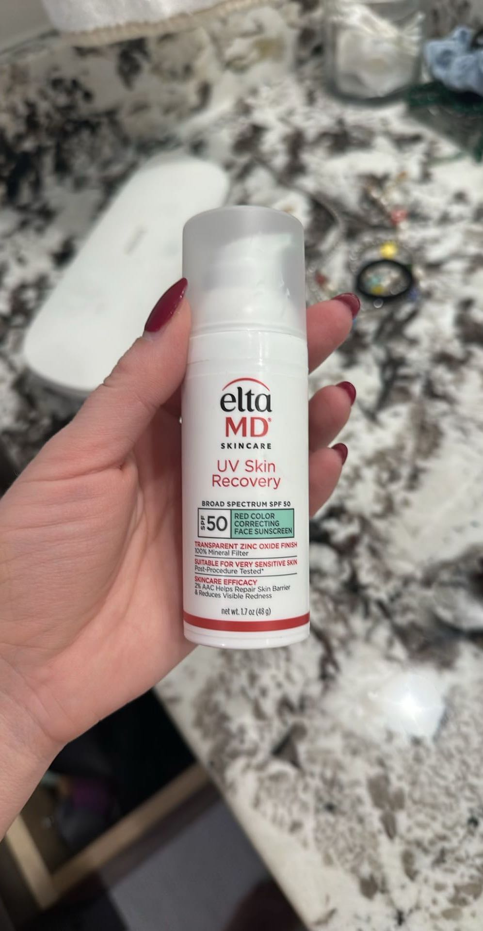 Elta MD UV Skin Recovery Broad Spectrum SPF 50 Red Color Correcting Face Sunscreen (net wt. 1.7 oz / 48 g)